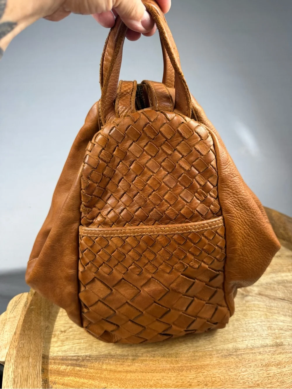 Woven Leather Mini Backpack - Tan